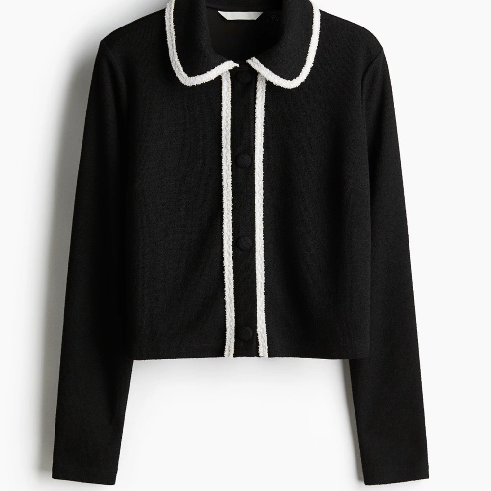 H&M Black Cropped Cardigan with Cream Bouclé Trim